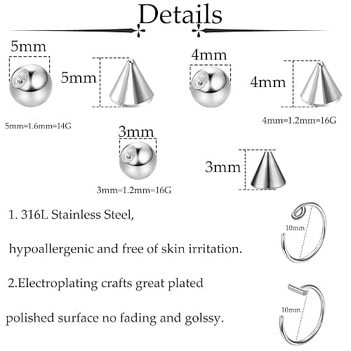 TEN MIRO Fake Eyebrow Ring Fake Lip Labret Studs Replacement Balls Spike with 100Pcs Sticker Non-Piercing Nose Rings Hoop Body Jewelry Skin 3MM 4MM 5MM(Silver) thumbnail 2