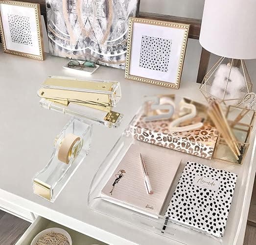 Acrylic Gold Tape Dispenser & Desktop Stapler, Includes Staple Remover, Tape, 1000pcs Staples - Cute Office Stapler Set for Modern Design Desk Accessory Kit thumbnail 2