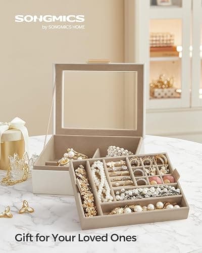 SONGMICS Jewelry Box with Glass Lid, 2-Layer Jewelry Organizer with Removable Tray, Jewelry Storage, Modern Style, Gift for Loved Ones, Cloud White and Metallic Gold UJBC238W01 thumbnail 3