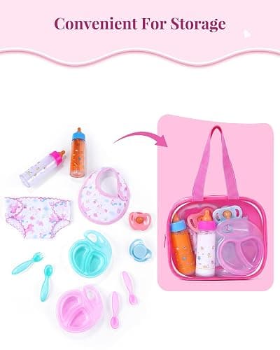 BABESIDE 13 Pcs Baby Doll Accessories Set with Magic Bottles Diapers Pacifiers and Storage Bag, Baby Doll Feeding Set with Realistic Baby Doll Accessories for Girls Pretend Play Toys thumbnail 5