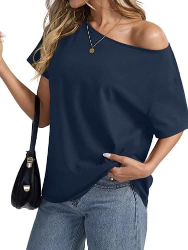 EasyGala Womens Cotton Off The Shoulder Tops Oversized Short Sleeve T-Shirts Casual Summer Tees Trendy Clothes 2025 thumbnail 3