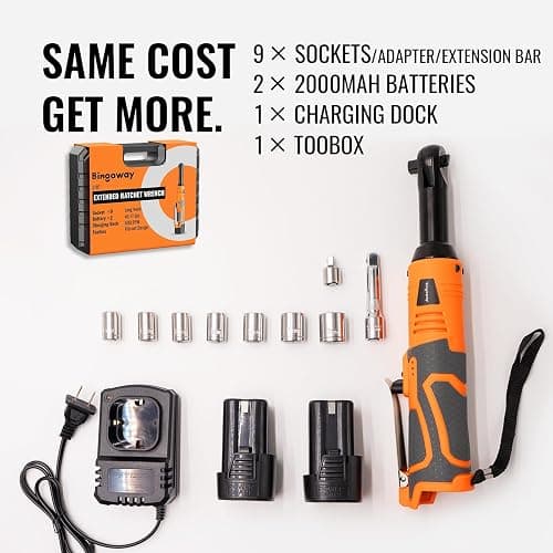 Bingoway 3/8" Extended Electric Ratchet Wrench Set, 45ft-lbs Cordless Long Neck Power Ratchet Wrench Kit with 2pcs Batteries, LED Light, 9 Sockets, Toolbox, Variable Speed, For Housework, Car Repair thumbnail 9