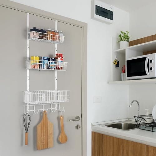ETELI Over The Door Basket Organizer with 3 Mesh Baskets and 5 Hooks Heavy Duty Pantry Door Organizer Back of Door Storage Rack for Bathroom, Kitchen, Office, White thumbnail 2