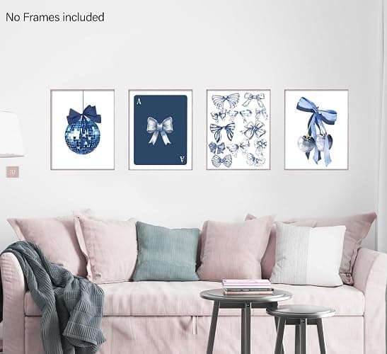 foedor Navy Blue Room Wall Decor,Navy Wall Art,Coquette Blue Bow Preppy Girly Prints,Boy Bedroom Decor,Trendy Navy Bow Disco Ball Cherry Wall Decor Posters for Girls Room Dorm, 8x10 Unframed,Set of 4 thumbnail 5