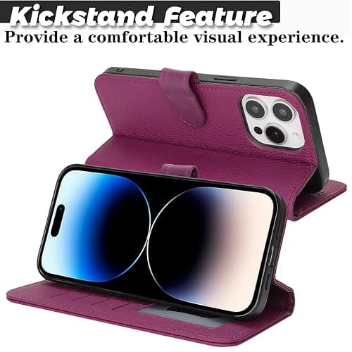 Zouzt Case for iPhone 14 Pro 6.1" Genuine Leather Wallet Case with 4 Card Slot, RFID Blocking Card Holder Magnetic Flip Folio Kickstand Shockproof Phone Cover Women Men - Rose Purple thumbnail 5