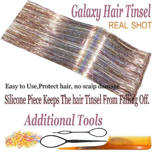 CelineBella Galaxy Hair Tinsel Clip In,Glitter Hair Strands for Girls Kids New Year Christmas Party Cosplay Festivals Gift (24 Inch Pack of 6Pcs, Galaxy) thumbnail 3