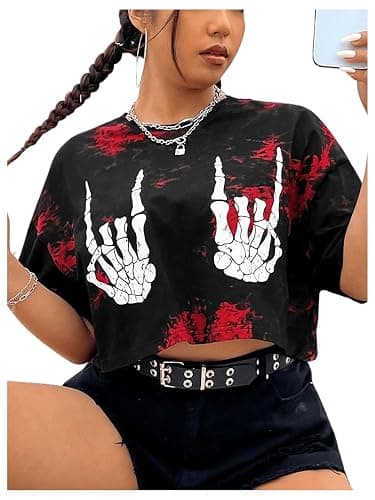 SOLY HUX Women's Plus Size T Shirt Tie Dye Skull Graphic Print Half Sleeve Tee Crop Tops thumbnail 4