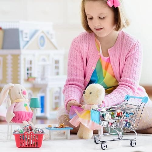 134pcs Mini Shopping Cart Basket Miniature Food Drink Bottle Supermarket Metal Handcart Toys Doll House Store Cosplay Game Dollhouse Grocery Fruit Cake Bread Party Trolley Model Dollar Bills thumbnail 5