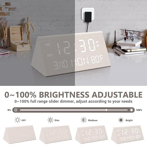 Kogonee Wooden Digital Alarm Clock, 0-100% Dimmer, 2 Alarm Settings, Weekday/Everyday Mode, 9 Mins Snooze, 12/24H, Temperature and Date Display for Office, Travel, Bedroom Alarm Clock (White) thumbnail 3