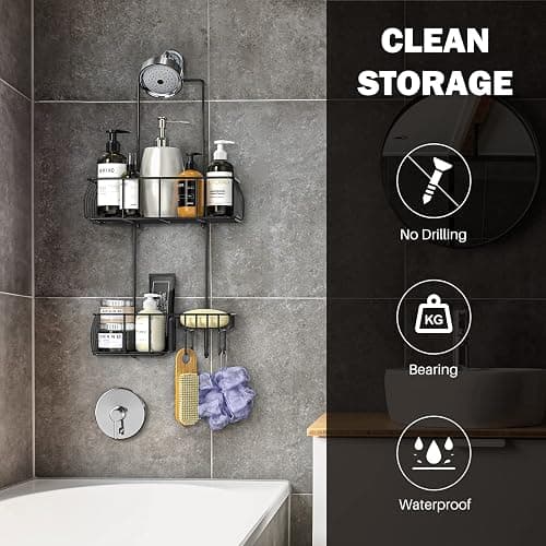 Epicano Shower Caddy Hanging, Anti-Swing Over Head Shower Caddy Rustproof with Hooks for Towels, Sponge and More, Matte Black thumbnail 3