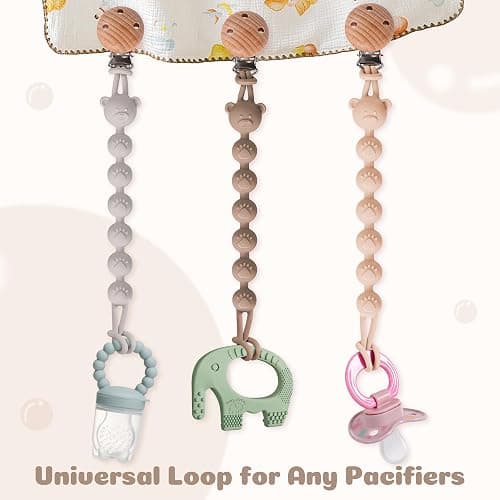 EARLY MINDS 3er-Pack Schnullerketten Aus Silikon, Einteiliges Design Schnullerkette für Baby, Schnullerkette Silikon für Mädchen & Jungen, BPA-frei, Elastisch und Robust (Creme Sand Hellgrau) thumbnail 4