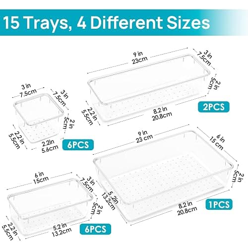 Vtopmart 15 PCS Clear Plastic Drawer Organizers Set, 4-Size Versatile Bathroom and Vanity Organizer Trays, Non-Slip Storage Containers for Makeup, Jewelries, Bedroom，Kitchen Utensils and Office thumbnail 2