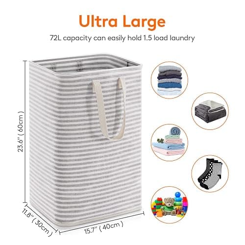 Lifewit 2 Pack Laundry Hamper Large Collapsible Laundry Baskets, Freestanding Waterproof Clothes Hamper with Easy Carry Handles in Laundry Room Bedroom Bathroom College Dorm for Adults, Grey, 2 x 80L thumbnail 3