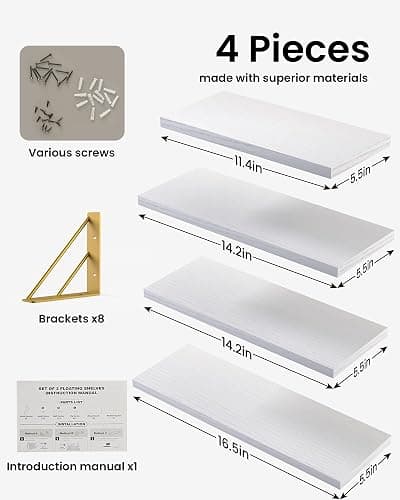 BAYKA Wall Shelves for Bedroom Decor, Floating Wall Shelf for Living Room Kitchen Storage, Mounted Rustic Wood Shelves for Kids Books, Christmas Decorations for Room(White and Gold，Set of 4) thumbnail 7