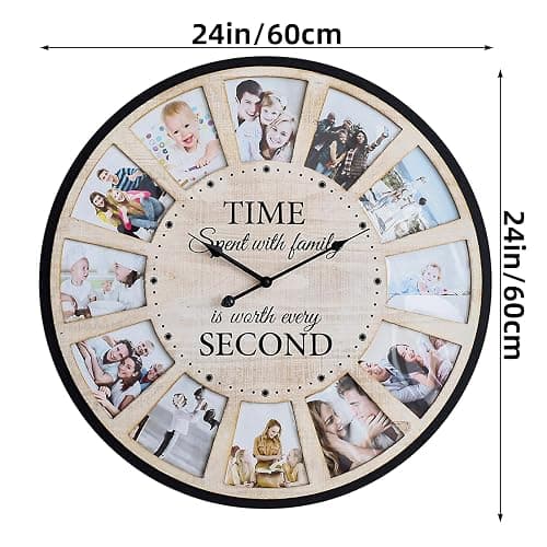 JUMBO HUMBLE 12 Photo Collage Rustic Wood Farmhouse Wall Clock, Large Family Picture Wall Clock for Living Room, Home, Kitchen, Silent Battery Powered 24 Inch Natural thumbnail 3