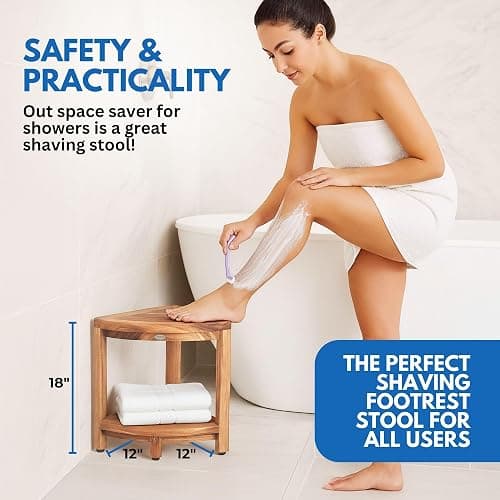 DecoTeak Teak Corner Shower Shelf – 2 Tier Waterproof Bathroom Storage Organizer Compact Wood Storage | Water-Resistant Design | Space Saver for Showers & Small Bathrooms | Shaving Foot Rest thumbnail 2