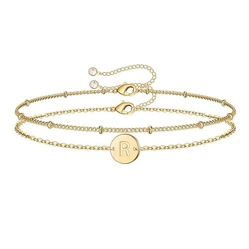 MONOZO Gold Initial Bracelets for Women Girls Jewelry Gifts - Dainty 14K Gold Plated Layered Beaded Letter Initial Bracelet 26 Alphabet Disc Monogram Charm Bracelet Jewelry Birthday Gifts for Women - Image 1
