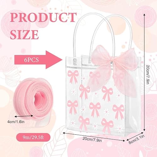 ROBOHOOK 6 PCS Clear Gift Bags with Handles, Reusable Bow Goodie Bags, Comes with a Roll of 9m Pink Ribbon Suitable for Weddings Birthdays Baby Showers Etc thumbnail 2