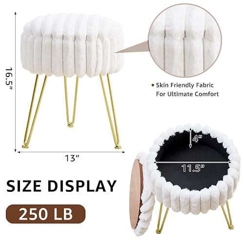 Wimarsbon Vanity Stool with Storage, Faux Fur Ottoman Chair with Metal Legs, Round Makeup Vanity Chair for Bedroom or Dressing Table, Modern Small Ottoman Seat (White) thumbnail 2