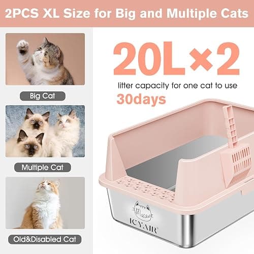 2PACK Stainless Steel Cat Litter Box with High Sides Lid, XL Litter Box for Big Multiple Cats, Extra Large Metal Kitty Litter Boxes with Anti-Leakage Enclosure, Non-Stick,Odorless,Scoop Included thumbnail 2