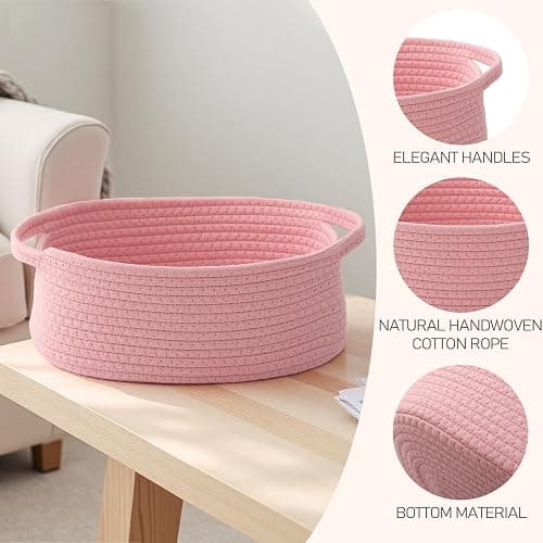 JMvicyroam Woven Basket,Small Rope Storage Bin with Handles & Ribbon Bag, Organizer for Shelves Closets,Gift Basket Empty for Birthday,Books,Dog Toys, Pink thumbnail 3