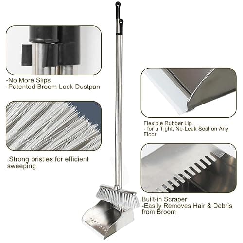Metal Dustpan with Broom Set, Long Handle Stainless Steel Dustpan,Heavy Duty Standing Dust Pan with Teeth, Indoor Outdoor Up for Home Kitchen Lobby Room Office thumbnail 4