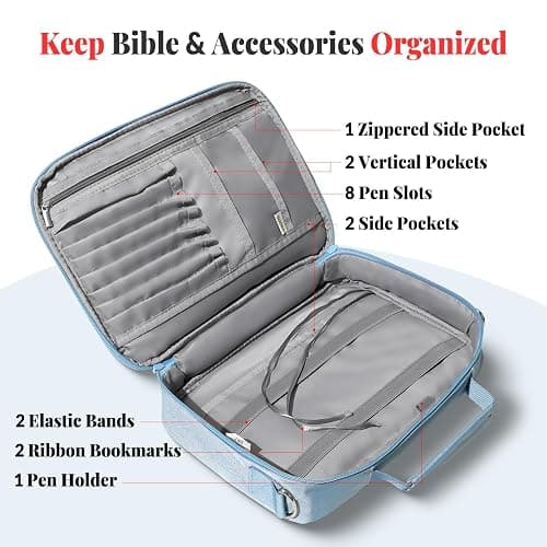 SUNEE Bible Cover for Women, Large Bible Bag w/Shoulder Strap Carrying Book Case w/Pen Slots and Zippered Pocket, Gift for Women & Men, Blue thumbnail 4