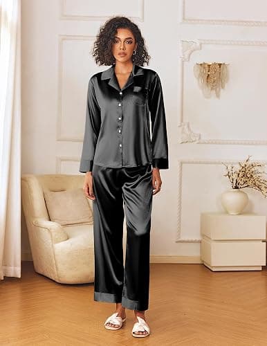 Ekouaer Womens Silk Satin Pajama Sets 2 Piece Sleepwear Pjs Set Long Sleeve Button Down Top and Pants Stripe Loungewear S-XXL thumbnail 3