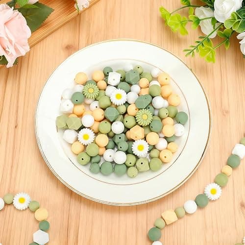 Whaline 100 Pcs Daisy Flower Silicone Beads Sage Green White Round Hexagon Loose Rubber Beads for DIY Crafts Jewelry Necklace Bracelet Keychain Making thumbnail 2