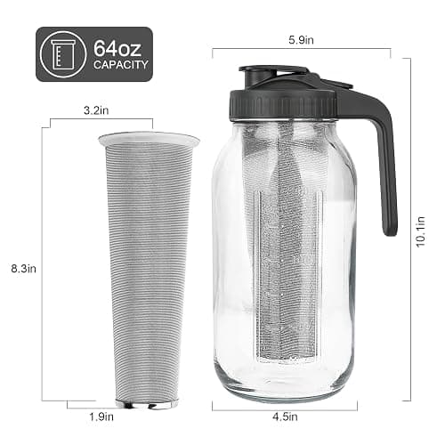 QHH Cold Brew Coffee Maker, 64 oz Mason Jar Pitcher with Stainless Steel Filter, Pour Spout Handle Lid, Airtight & Leak-Proof for Iced Coffee,Tea & Lemonade thumbnail 2
