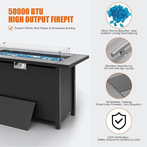 45 inch Outdoor Propane Fire Pit 50,000 BTU Gas Fire Pit Table with Lid, Glass Wind Guard, Waterproof Cover, Rectangle Gas Firepit Table for Garden/Patio, CSA Certification thumbnail 6