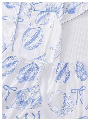BEAUDRM Women's 2 Piece Pajama Sets Shell Print Short Sleeve Sleepwear Button Down Shirt and Bow Shorts Loungewear Pj Sets thumbnail 5