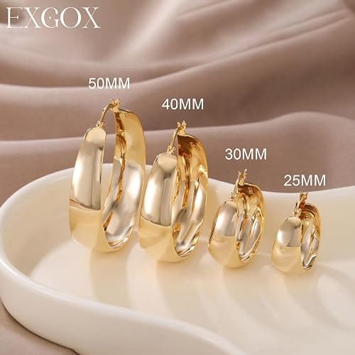 EXGOX Gold Hoop Earrings for Women Sterling Silver Post Hoops Earrings for Women Wide Thick Silver Hoop Earrings Hypoallergenic Lightweight 14k Real Gold Plated Hoop Large Earrings (25/30/40/50MM) thumbnail 3