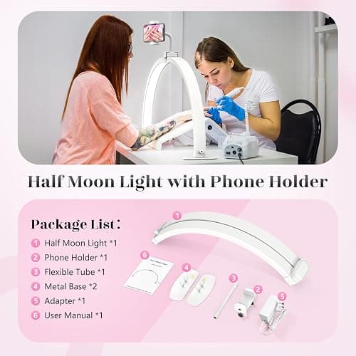 Yokilly Half Moon Light for Nail Desk: 29" Foldable Nail Light for Desk | Arch Nail Tech Light with Phone Holder for Beginner - 3 Color Modes & 10 Brightness for Manicure Salon-White thumbnail 7