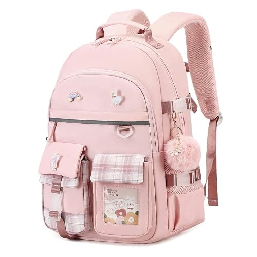 KIDNUO Backpack for Girls, 15.6 Inch Laptop School Bag Kids Kindergarten Elementary College Backpacks Large Bookbags for Teen Girl Women Students Casual Travel Daypacks (Pink) - Large - Pink - Image 1