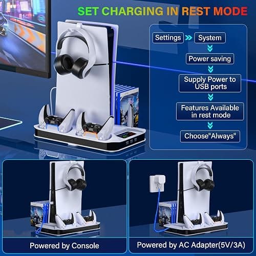 PS5/Slim/Pro Cooling Station with Controller Charging Station for Sony Console Playstation 5 Slim&Standard Disc/Digital Console, PS5 Pro Stand Cooler Accessories Incl Cooling Fan/3 USB Hubs thumbnail 6