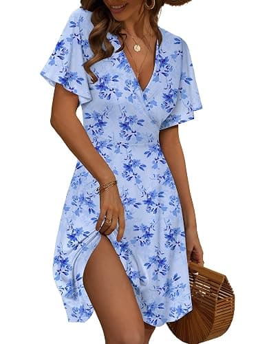 FENSACE Womens Sundress Summer Floral Short Sleeve Wrap V Neck A-Line Midi Dress - Image 1