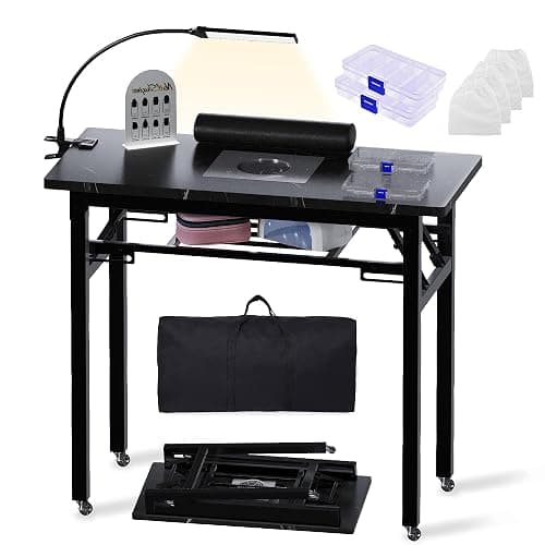 Portable & Foldable Manicure Table w/Dust Collector, Rolling Nail Tech Desk w/LED Light Lamp, Wrist Cushion, Lockable Wheels, Carrying Case, for Home Travel Beauty Salon Workstation (Marble Black) - Image 1