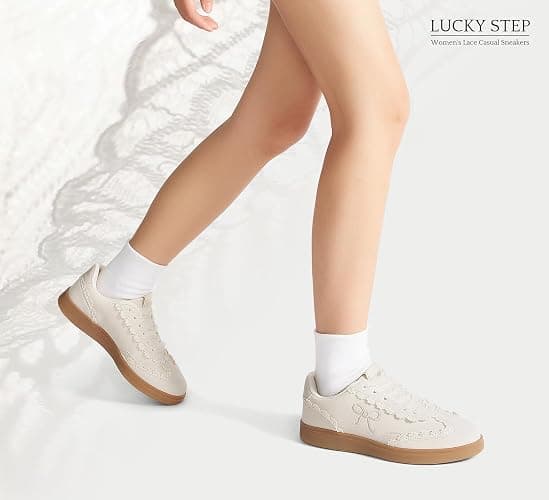 LUCKY STEP Women's Lace Detail Sneakers Organza Ribbon | Casual Cute Shoes Lace-Up Gum Sole Vintage Trendy Fashion Tennis Shoes thumbnail 9