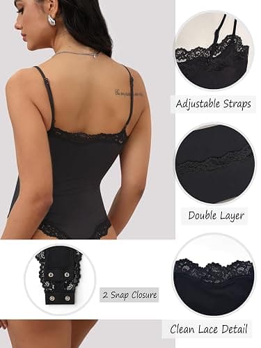 Starrylion Square Neck Lace Body Suit Sleeveless Spaghetti Strap Tank Top | Double Lined, Adjustable Straps, Backless, Fitted, Bodysuits for Women Trendy Going Out Tops, Y2K Country Concert Outfits thumbnail 5