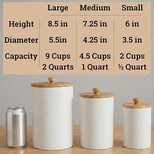 Ceramic Kitchen Canisters for Countertop Set of 3 with Airtight Bamboo Lids - White Kitchen Canisters with Airtight Lids - Flour Sugar Canister Set - Flour and Sugar Containers Farmhouse - Coffee Jar thumbnail 6