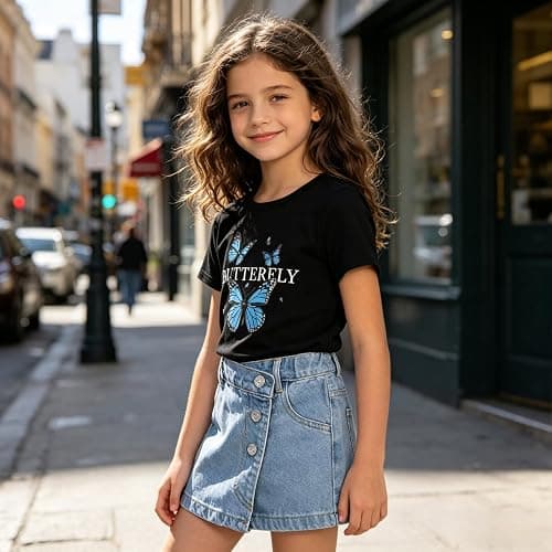 Voxikodex Girls Clothes 2PCS Butterfly Print Short Sleeve T-Shirt Denim Skirt Shorts Set Teen Tween Girls Summer Outfits Set thumbnail 9