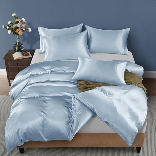 Horbaunal 5 Pieces Satin Duvet Cover Set Queen/Full Size Baby Blue Duvet Cover with Corner Ties & Zipper Closure, Luxury & Silky Bedding Set, 1 Duvet Cover and 4 Pillowcases (No Comforter) thumbnail 2