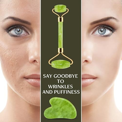 Disemot Jade Roller & Gua Sha Facial Tools, Natural Anti-Aging Jade Beauty Skin-Care Tool Face Roller to Rejuvenate Facial Skin Cooling, Slimming & Firming, Great as Stocking Stuffers thumbnail 6