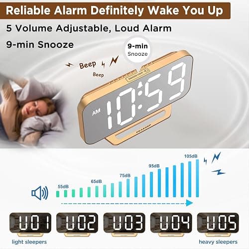 Peakeep Slim Digital Mirror Aesthetic Alarm Clock for Bedrooms Desk Decor - Plug in Electric Big LED Modern Small Clock for Office Living Room, Battery Backup, 6 Dimmers (Gold) thumbnail 5