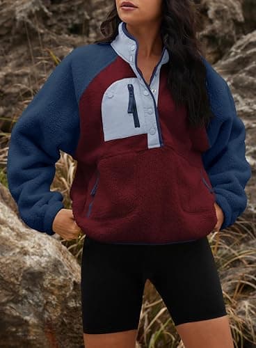 Yanekop Womens Fuzzy Fleece Pullover Sherpa Sweatshirt Long Sleeve Button Down Sweater Winter Fleece Jacket with Pockets thumbnail 4