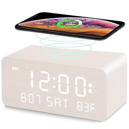 Andoolex Wooden Digital Alarm Clock with Wireless Charging, 0-100% Adjustable Brightness Dimmer and Volume, Weekday/Weekend Mode, Dual Alarm, Snooze, 12/24H, Wood LED Clock for Bedroom (White) - Image 1