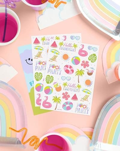 xo, Fetti Pool Party Temporary Tattoos - 68 Iridescent Foil Pcs | Summer Birthday Accessory, Kids Waterpark Party Favor, Cute Beach Activity thumbnail 6