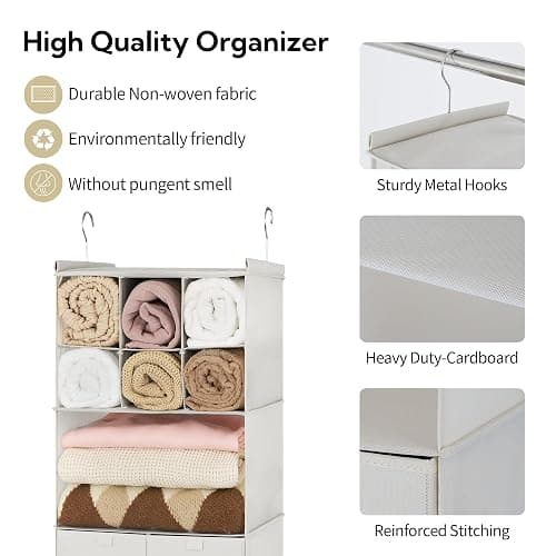 GRANNY SAYS Hanging Closet Organizer with Drawers, 4 Shelf Dividers Closet Hanging Organizer, Foldable Hanging Shelves for Clothes Organizer, Small Closet Organizers and Storage, Beige thumbnail 6