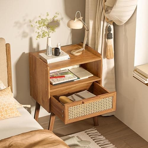 Lerliuo Rattan Nightstand, Side Table with Drawer Open Shelf | Bedside End Table with Solid Wood Legs, Mid Century Modern Night Stand for Bedroom, Dorm and Small Spaces (Tea Brown) thumbnail 4